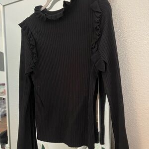 Line & Dot Black Ruffled Women's mock neck long sleeve top